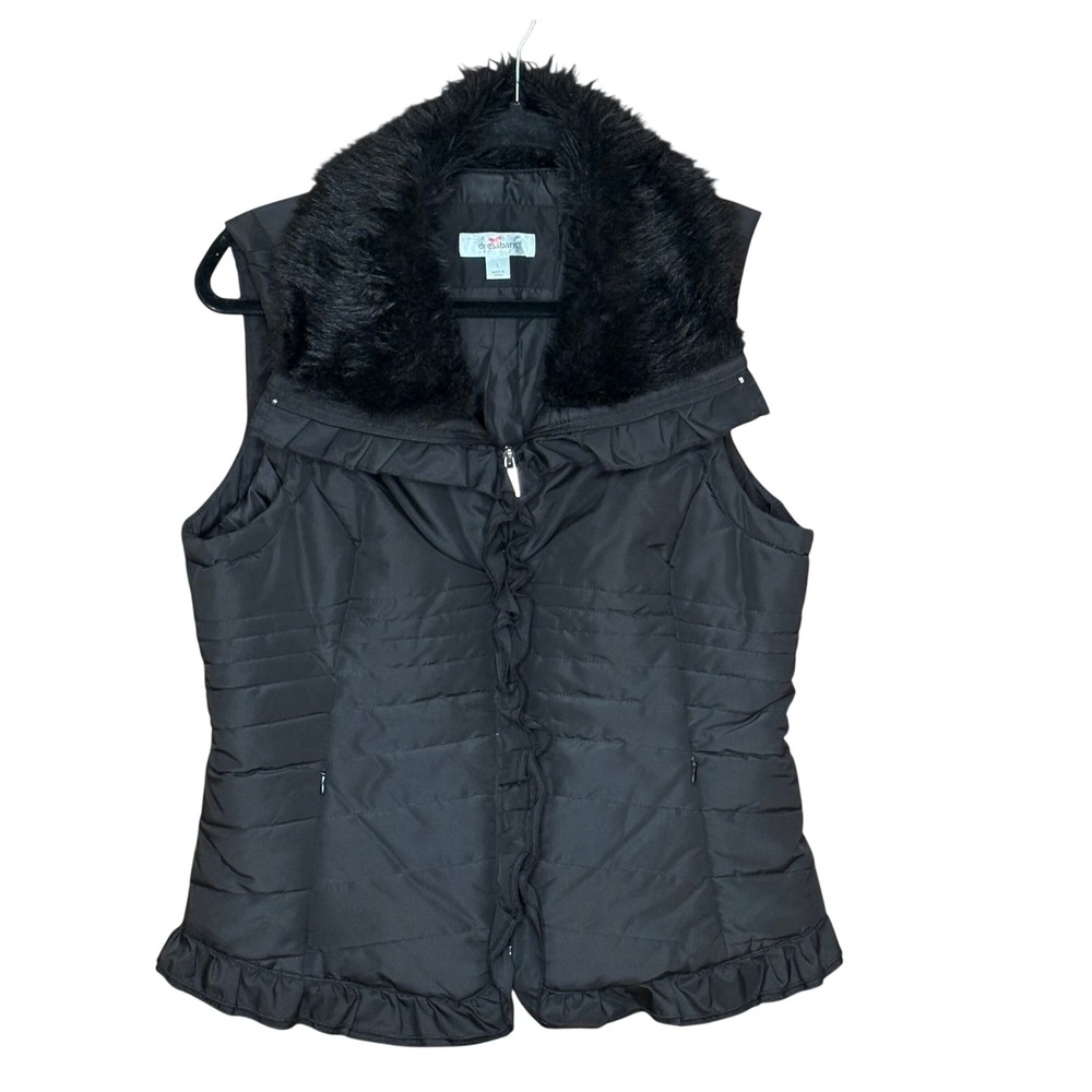 Dressbarn Puffer Vest Women Large Black Excellent Faux Fur Collar Ruffle Trim